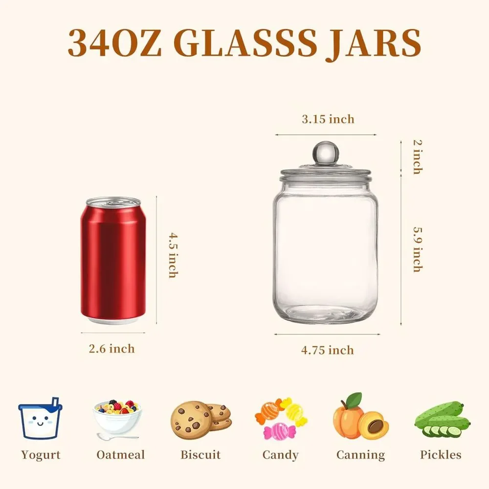 Glass Food Storage Jars Set of 2 34 oz Airtight Lids Pantry Pickle Canning Jars